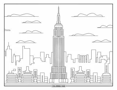 Disegno di New York da colorare per bambini: Uno skyline cittadino nitido con alberi, nuvole e l'Empire State Building