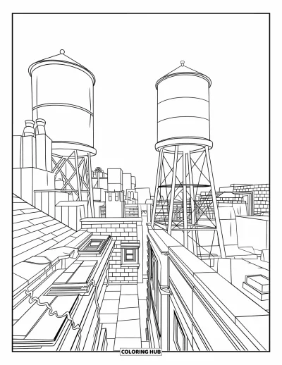 Disegno di New York da colorare per bambini: Vista accogliente di un tetto con torri dell'acqua e palazzi in basso