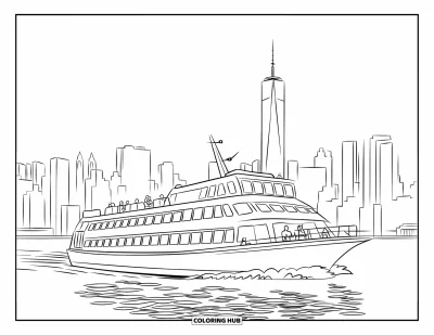 Disegno di New York da colorare per bambini: Un traghetto attraversa l'Hudson con i grandi palazzi di Manhattan sullo sfondo