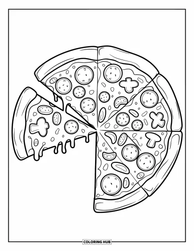 Disegno di New York da colorare per bambini: A una sottile pizza newyorkese manca una fetta filante