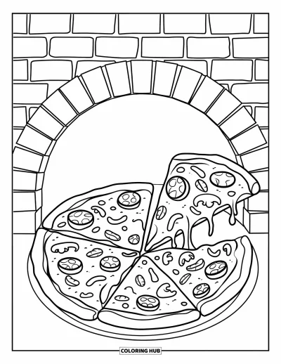 Disegno di New York da colorare per bambini: Una pizza calda con formaggio filante cuoce in un forno a legna pieno di condimenti