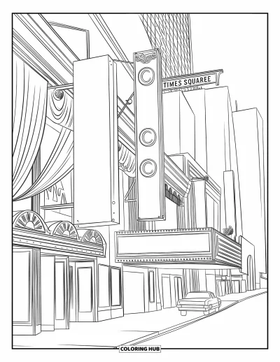 Disegno di New York da colorare per bambini: Una vivace strada di Broadway con insegne dei teatri, un taxi e alti palazzi