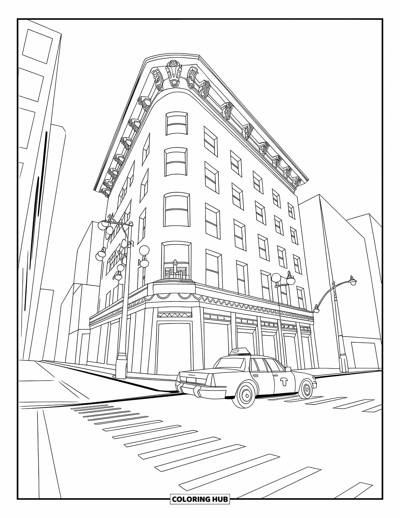New York Coloring Page for Kids: A New York taxi drives past a fancy old building with street lamps