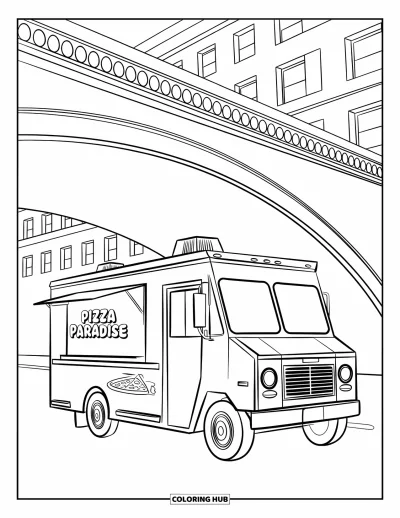Disegno di New York da colorare per bambini: Un food truck della pizza è parcheggiato sotto un ponte vicino a strade cittadine animate