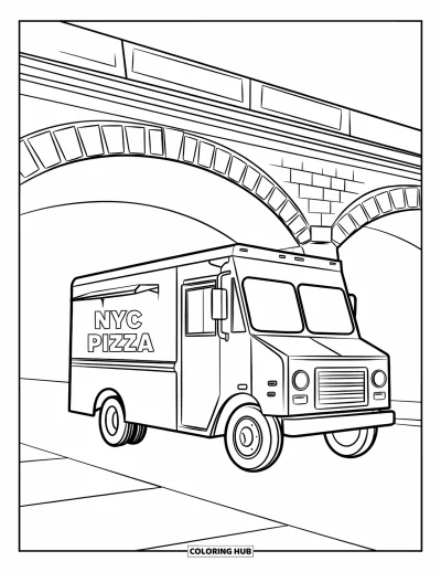 Disegno di New York da colorare per bambini: Un camion della pizza parcheggiato sul marciapiede vicino a un ponte con archi in pietra