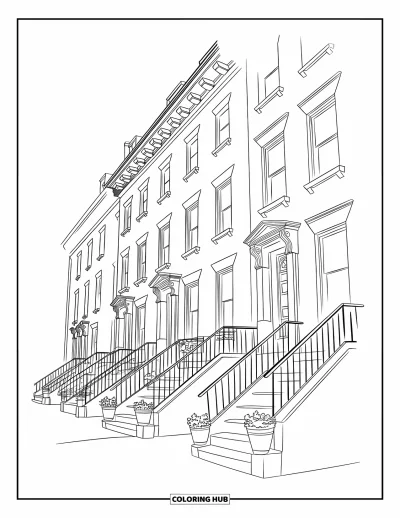 Disegno di New York da colorare per bambini: Una fila di palazzi in mattoni rossi con vasi di fiori lungo una quieta via cittadina
