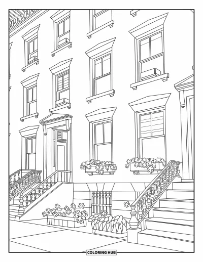 Disegno di New York da colorare per bambini: Una fila di palazzi in mattoni con porte aperte e vasi di fiori rigogliosi