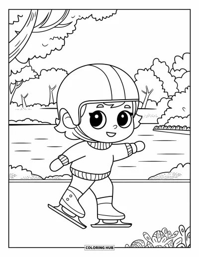 Disegno di New York da colorare per bambini: Un bambino su pattini scivola vicino a un lago e un sentiero nel tranquillo Central Park