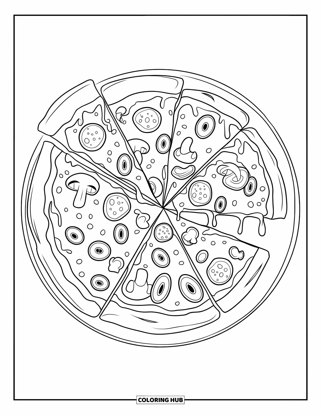 New York Coloring Page for Kids: A sliced New York-style pizza sits on a plate with classic toppings