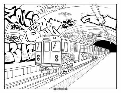 Disegno di New York da colorare per bambini: Un treno della metropolitana arriva a una banchina decorata con graffiti colorati