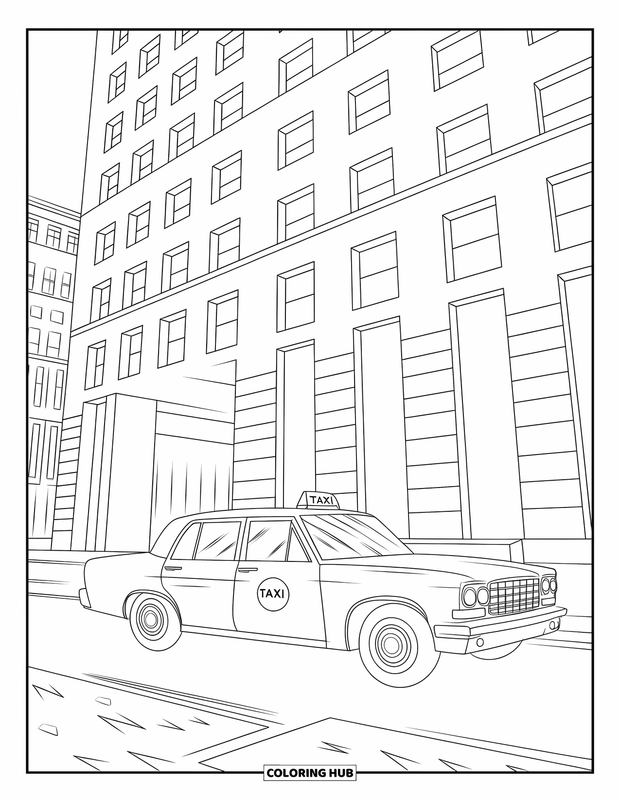 New York Coloring Page for Kids: A taxi zooms past a tall city building with bold windows