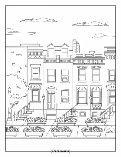 Disegno di New York da colorare per bambini: Palazzi in mattoni con finestre dettagliate, vasi di fiori e un fascino d'altri tempi