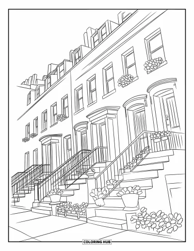 Disegno di New York da colorare per bambini: Graziosi palazzi in mattoni rossi con vasi di piante decorano il quartiere