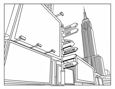 Disegno di New York da colorare per bambini: Insegne colorate e un grande cartellone pubblicitario danno vita a Times Square