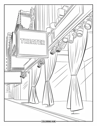 Disegno di New York da colorare per bambini: Le tende si aprono su un palcoscenico di Broadway con grandi insegne e palazzi cittadini sullo sfondo