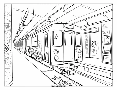 Disegno di New York da colorare per bambini: Una banchina della metropolitana coperta di graffiti con un treno in arrivo e dettagli urbani tutto intorno