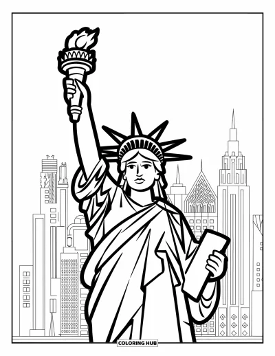 Disegno di New York da colorare per bambini: Lady Liberty svetta accanto ai grattacieli della città in una vista audace e divertente