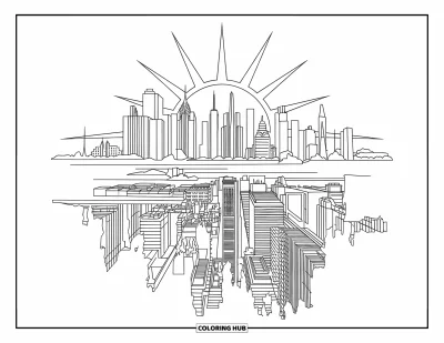 Disegno di New York da colorare per bambini: Grattacieli sovrapposti e un tramonto luminoso catturano il vivace skyline di New York