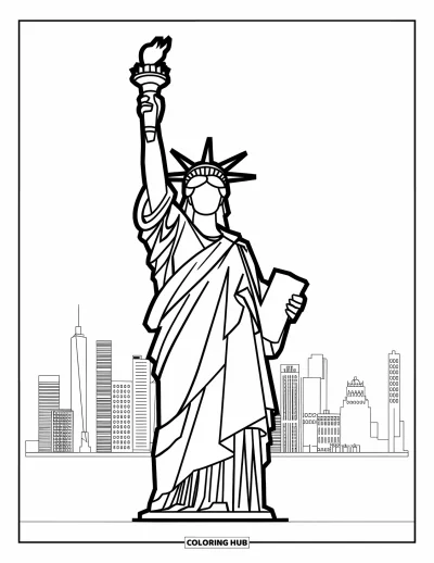 Disegno di New York da colorare per bambini: La Libertà si erge con la sua torcia, circondata dagli edifici della città