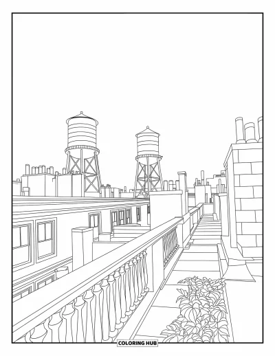 Disegno di New York da colorare per bambini: Vista dall'alto di un tetto con comignoli, piante e palazzi tutto intorno