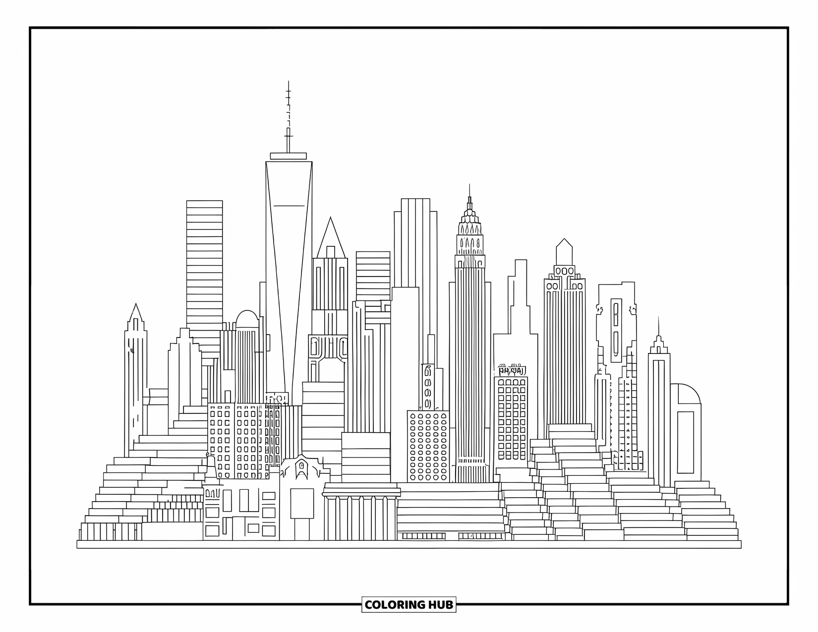 New York Coloring Page for Kids: NYC skyline at sunset with layered skyscrapers and a peaceful river view