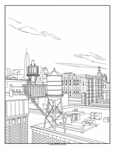 Disegno di New York da colorare per bambini: Vista dal tetto con edifici classici e nuvole soffici nel cielo