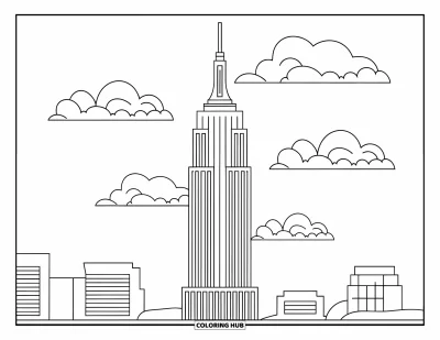 Disegno di New York da colorare per bambini: Alto e maestoso, l'Empire State Building è circondato da nuvole morbide e soffici