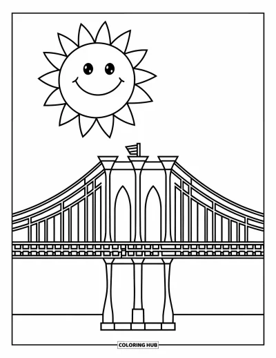 Disegno di New York da colorare per bambini: Il Ponte di Brooklyn si estende ampiamente con un sole sorridente sopra