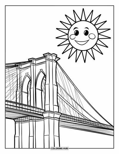 Disegno di New York da colorare per bambini: Il sole allegro sorride sopra il Ponte di Brooklyn in una vista cittadina giocosa