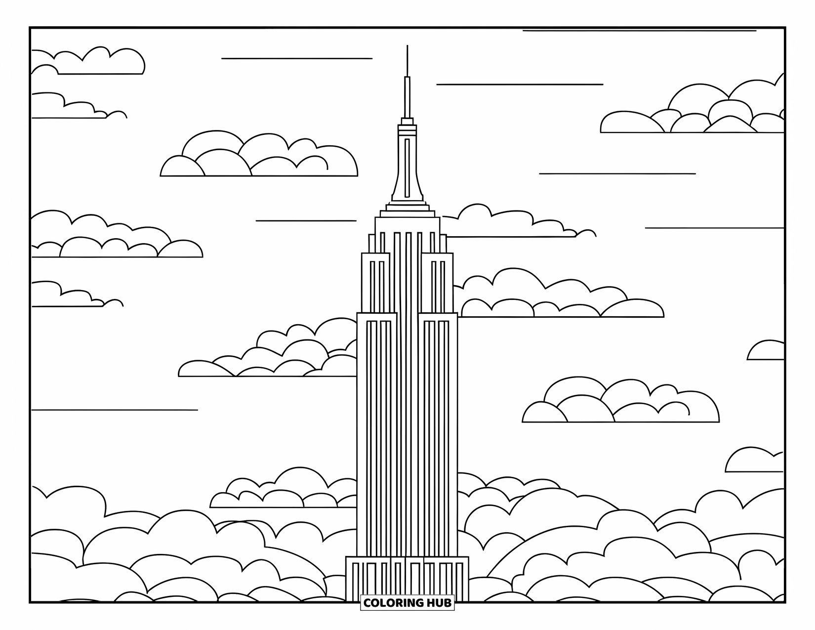 New York Coloring Page for Kids: The Empire State Building rises with playful clouds floating in the sky