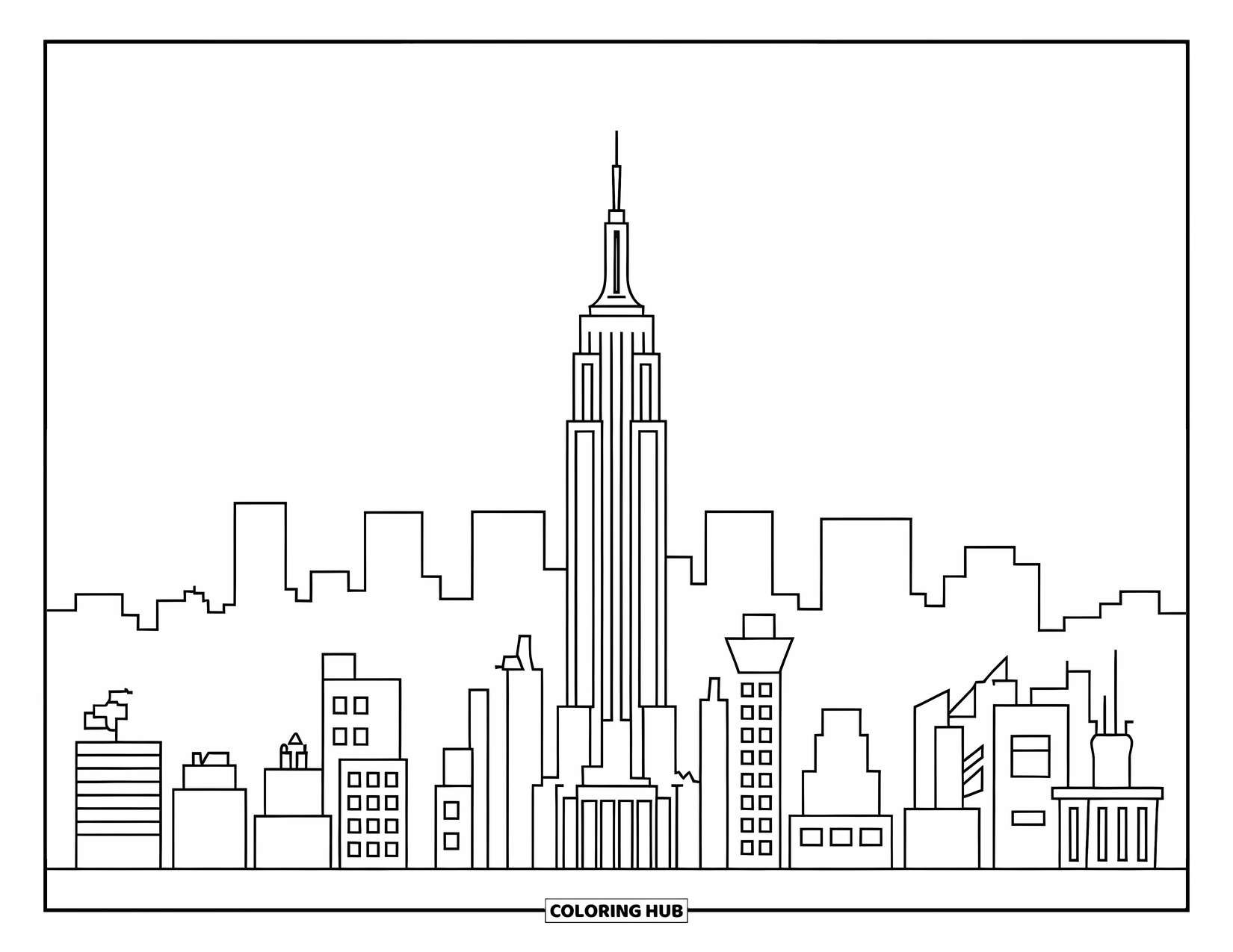New York Coloring Page for Kids: The Empire State Building stands tall in a simple NYC skyline scene