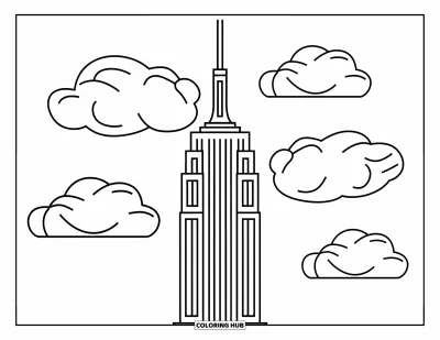 Disegno di New York da colorare per bambini: L'Empire State Building si staglia con grandi nuvole soffici tutto intorno