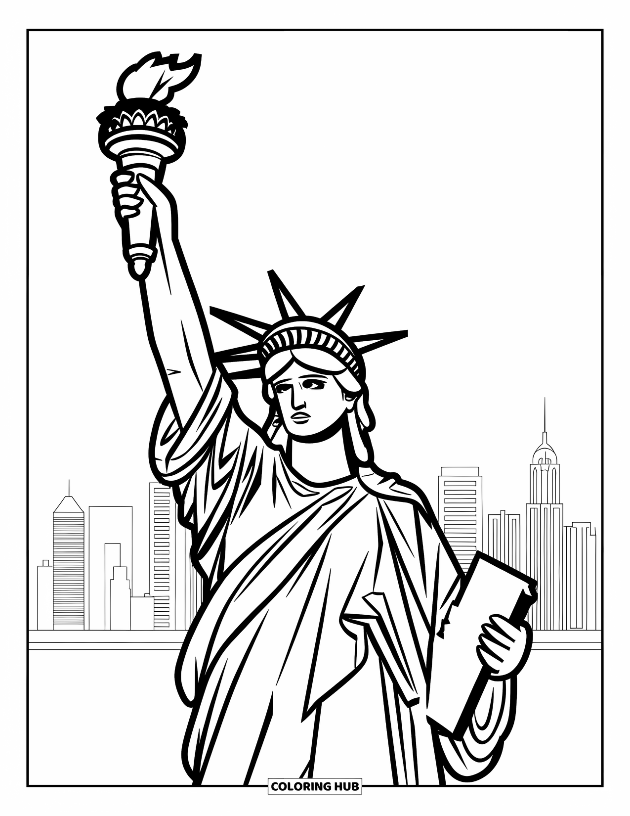 New York Coloring Page for Kids: The Statue of Liberty holds her torch high above a city skyline