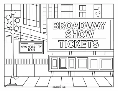 Disegno di New York da colorare per bambini: Le insegne di Times Square e i lampioni creano una scena divertente e facile da esplorare