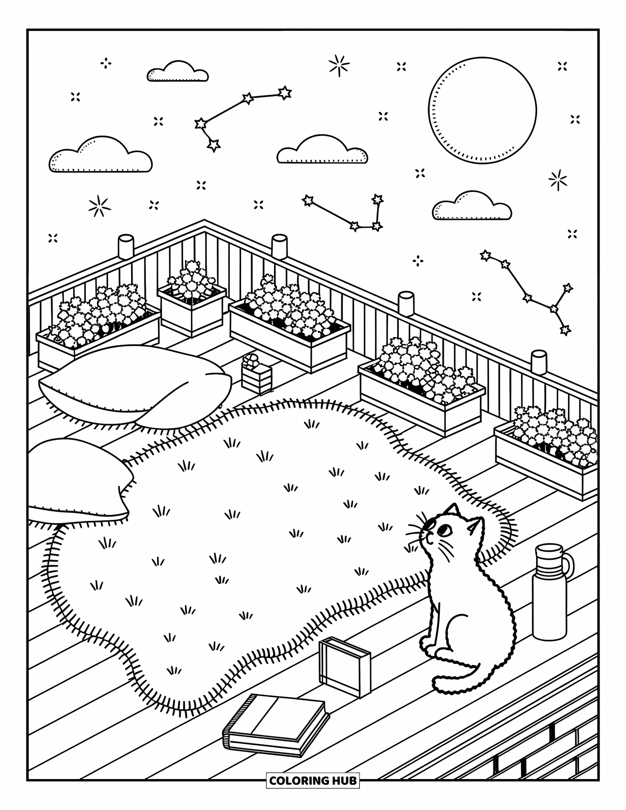 Night Sky Coloring Page for Adults: A blanket and pillows rest on a rooftop as a kitten gazes at the stars
