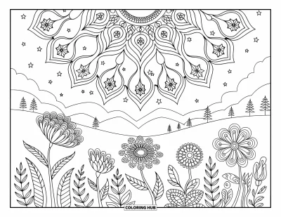 Coloriage du ciel nocturne pour adultes : Un jardin fleuri repose sous des étoiles tourbillonnantes en forme de mandalas
