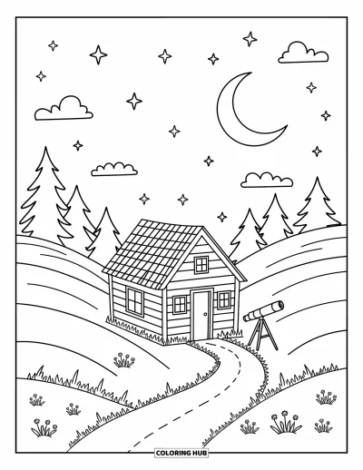 Coloriage du ciel nocturne pour adultes : Une cabane brille doucement tandis que les étoiles scintillent et que des fleurs ponctuent les collines
