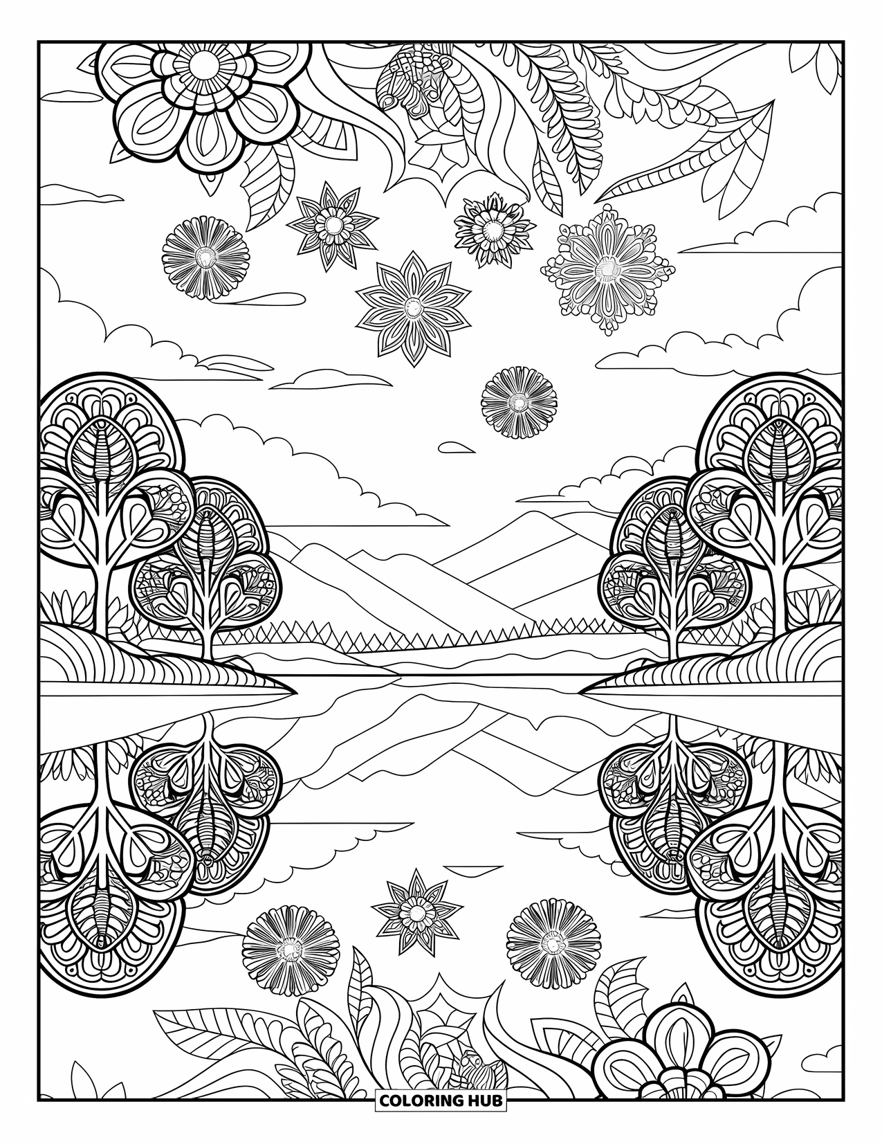 Night Sky Coloring Page for Adults: A calm lake mirrors floral mandala constellations in the sky