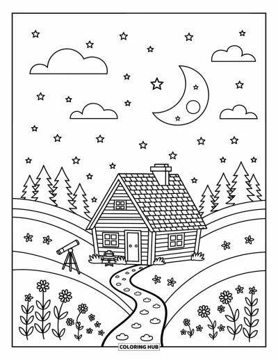 Coloriage du ciel nocturne pour adultes : Une cabane chaleureuse et un télescope reposent tranquillement sous des étoiles et des nuages légers