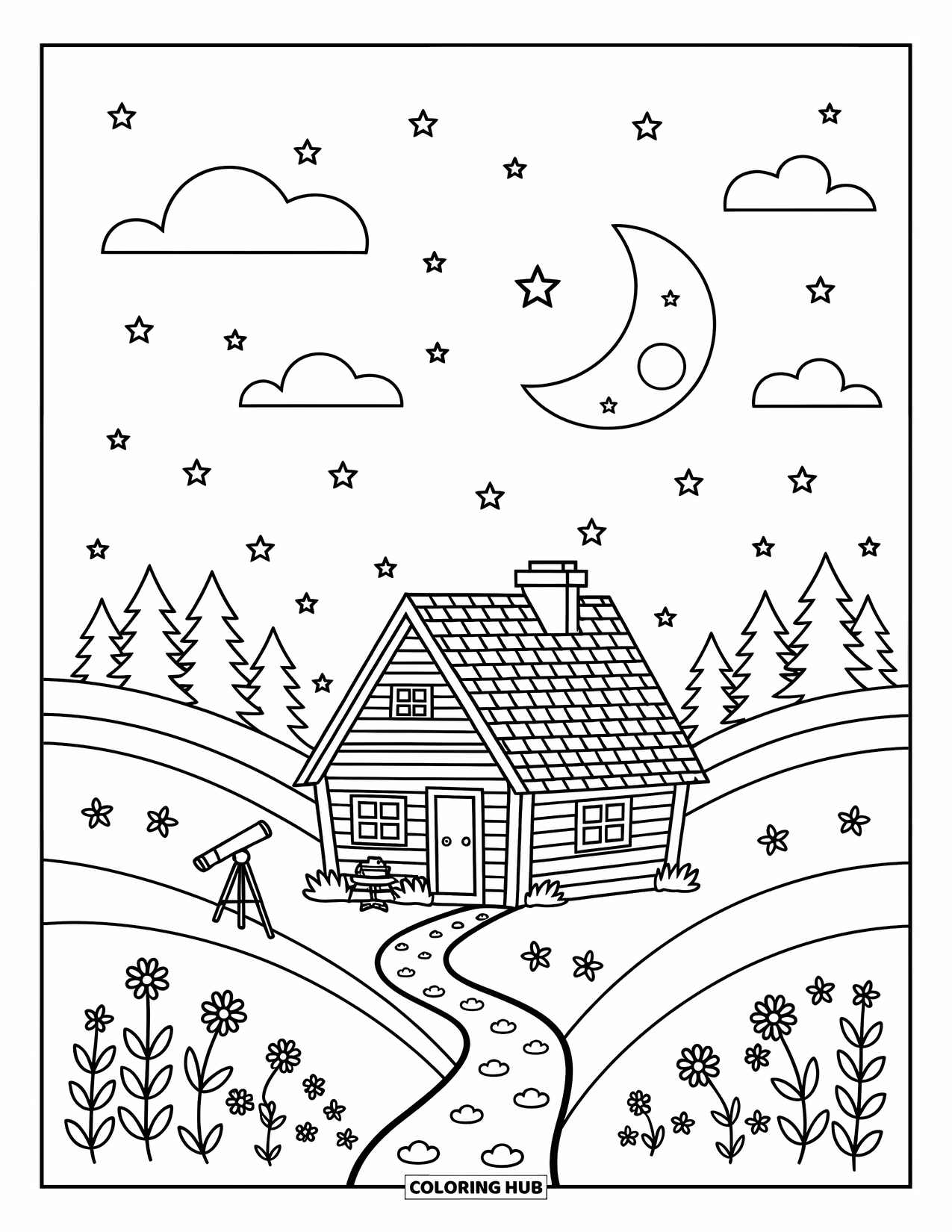 Night Sky Coloring Page for Adults: A cozy cabin and telescope rest quietly beneath stars and soft clouds