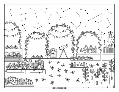 Coloriage du ciel nocturne pour adultes : Un jardin chaleureux avec des guirlandes de lumières, des lucioles et un petit télescope sous un ciel étoilé