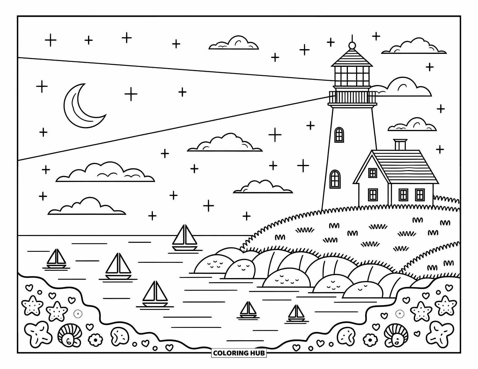 Night Sky Coloring Page for Adults: A cozy lighthouse watches over sailboats, seashells, and stars on a quiet night
