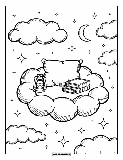 Coloriage du ciel nocturne pour adultes : Un coin nuage rêveur avec des étincelles, des étoiles et des livres douilllets flotte haut dans le ciel