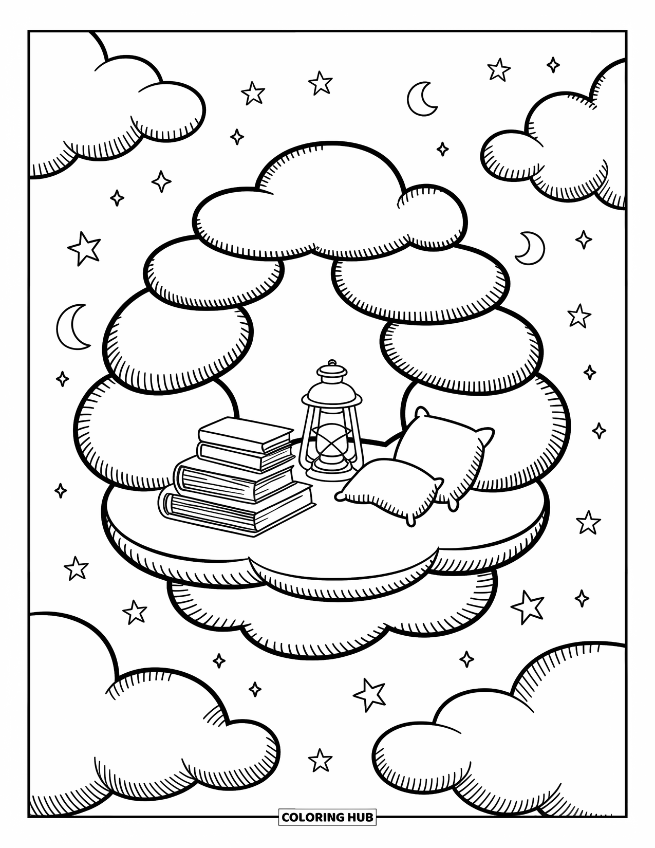 Night Sky Coloring Page for Adults: A floating cloud nook holds books and cushions under a sky full of stars
