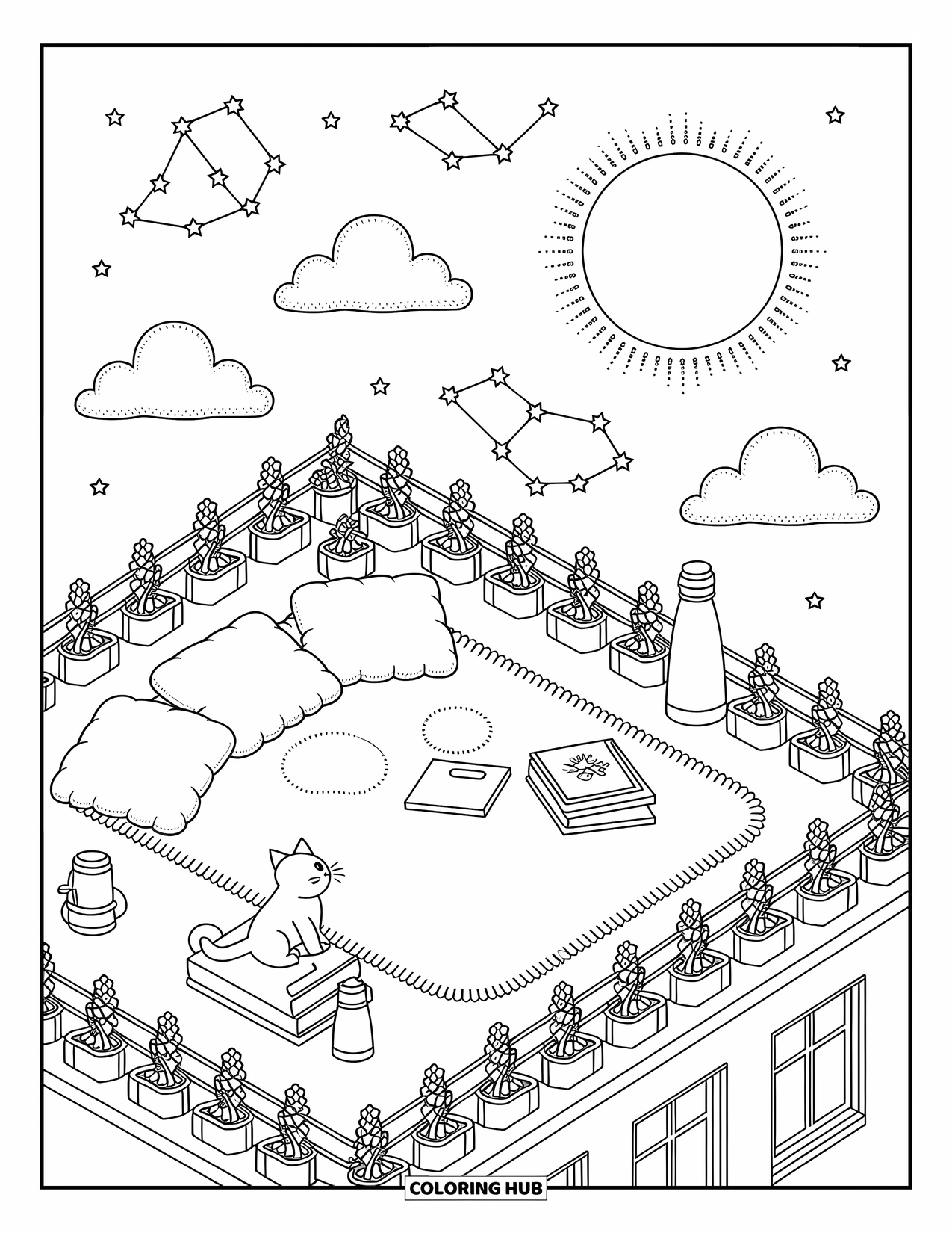 Night Sky Coloring Page for Adults: A fluffy rooftop scene with a kitten, thermos, and starry skies above