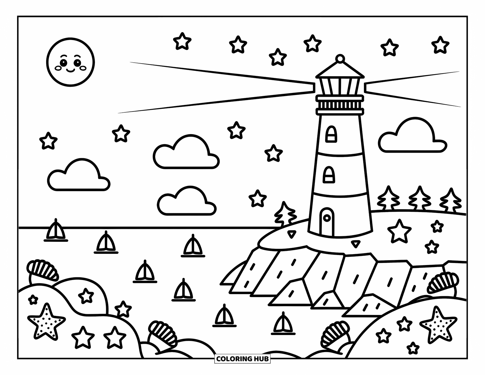 Night Sky Coloring Page for Adults: A gentle lighthouse beams across a starry ocean with sailboats and playful seashells