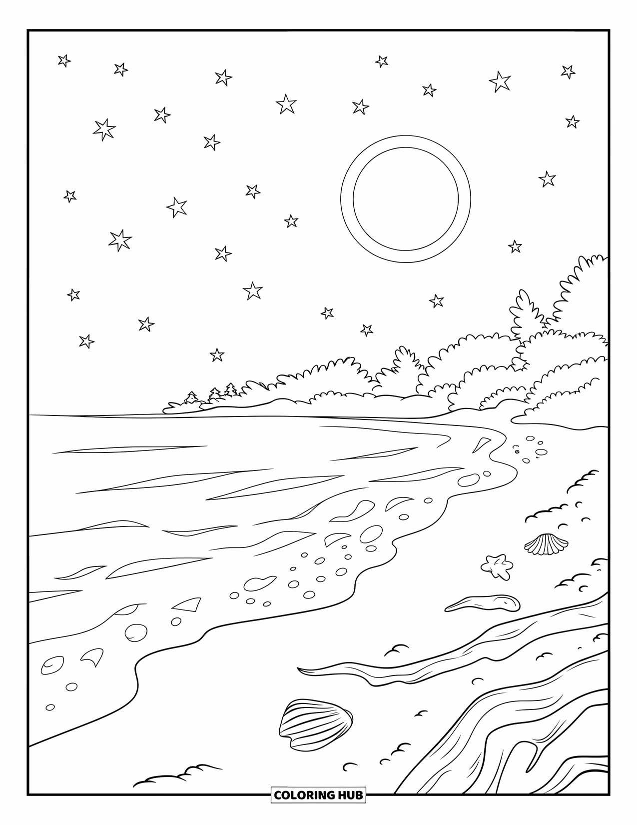 Night Sky Coloring Page for Adults: A glowing moon lights a quiet beach with driftwood and stars