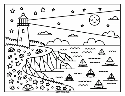 Coloriage du ciel nocturne pour adultes : Un phare éclaire paisiblement une mer calme, avec le clair de lune et des étoiles de mer sur le rivage