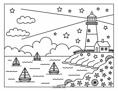 Coloriage du ciel nocturne pour adultes : Un phare brille tandis que des bateaux se reposent et que les étoiles scintillent au-dessus du rivage rocheux