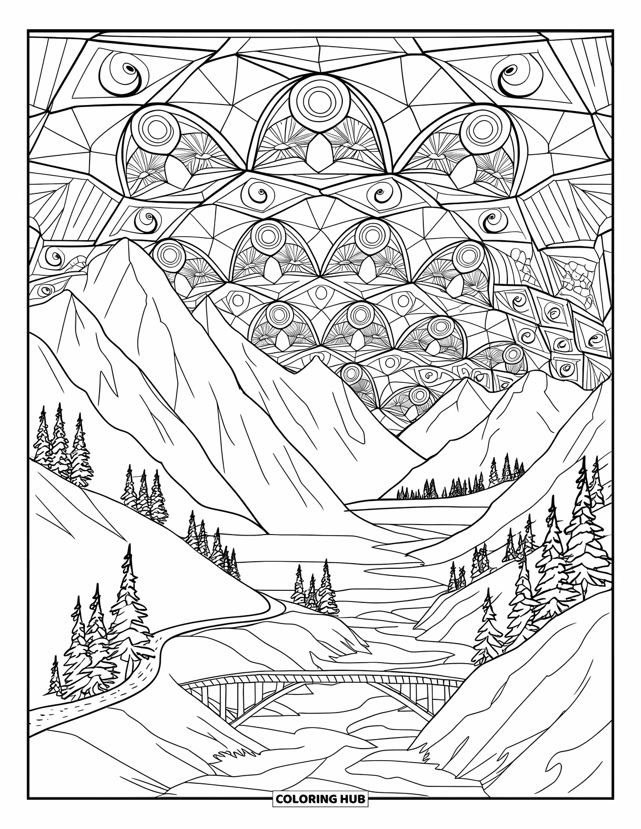 Night Sky Coloring Page for Adults: A moonlit sky of geometric stars glows over mountain peaks and a river